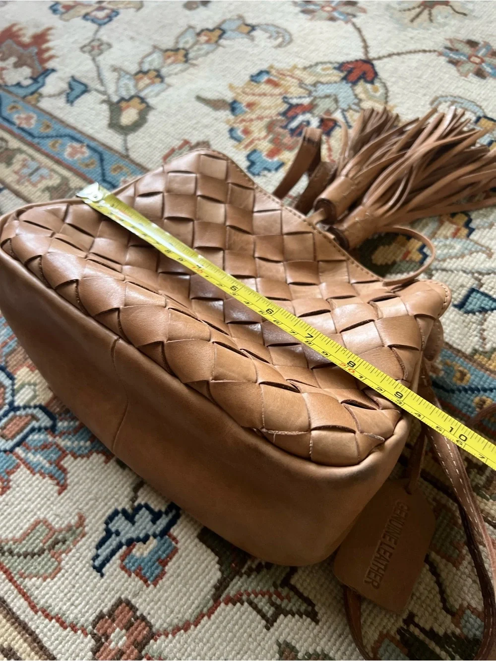 Vintage Woven Leather Crossbody Bag with Tassel - Tan - Picture 3 of 5